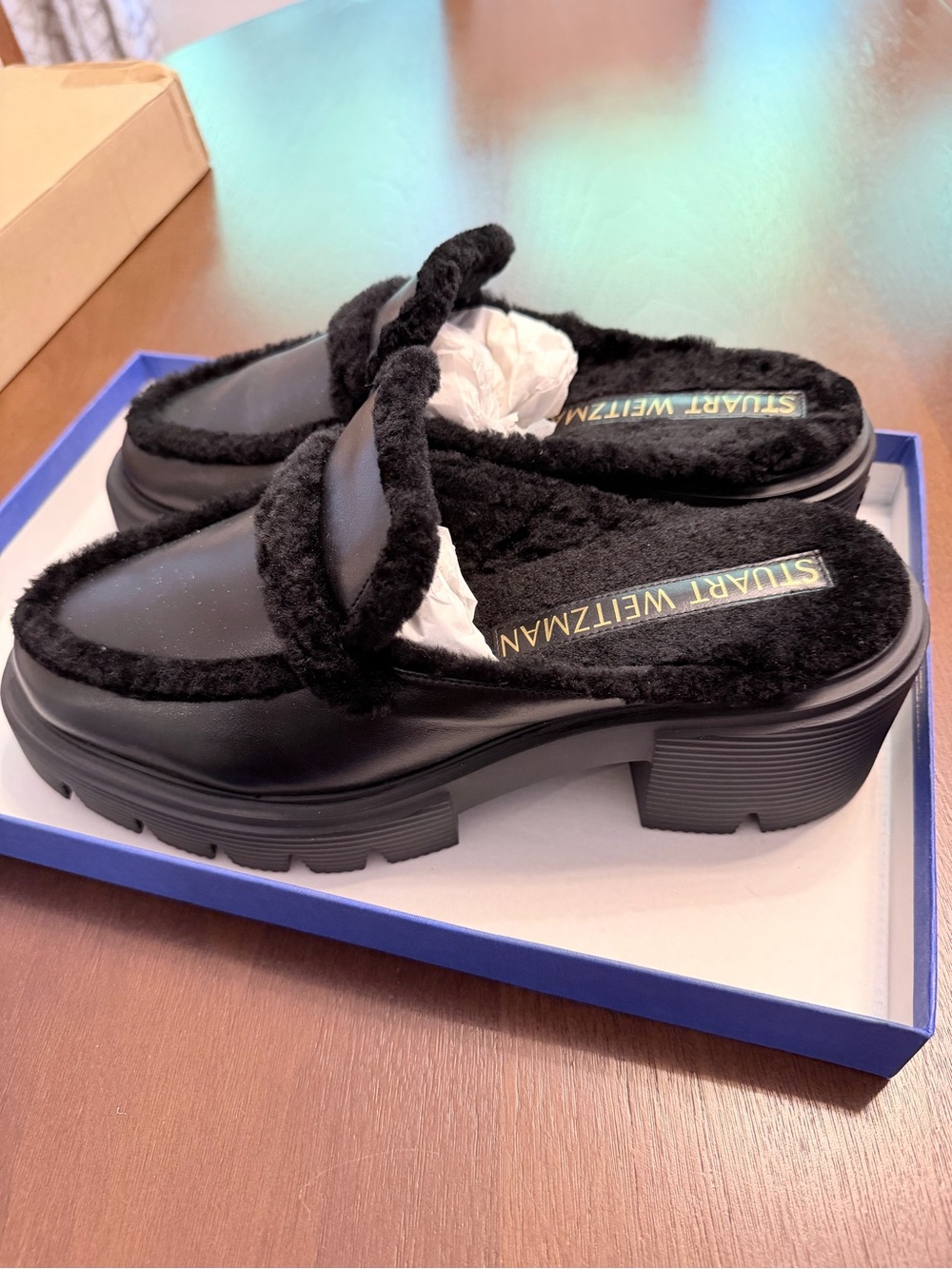 Stuart Weitzman Black Faux-Fur Trim Platform Mules size 10.5/41 only worn once